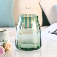 轻奢 描金T型玻璃花瓶透明插花水培百合家居软装客厅摆件花器北欧 条纹开口款(9.5*16CM)绿色