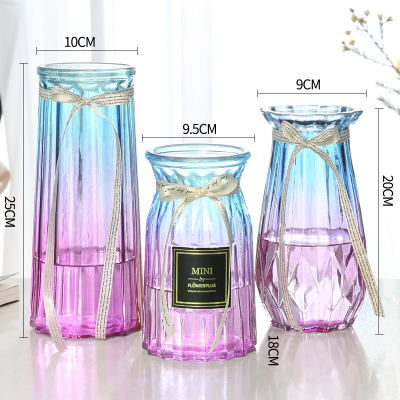 [三件套]玻璃花瓶北欧大号透明水培富贵竹玫瑰插花家用客厅摆件 25树凌+20新诺+浪漫(蓝紫) 大