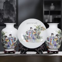 景德镇陶瓷器小花瓶摆件家居装饰品现代新中式酒柜客厅博古架工艺 仕女图+龙头架
