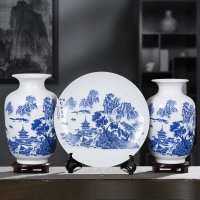 景德镇陶瓷器小花瓶摆件家居装饰品现代新中式酒柜客厅博古架工艺 山色永春秋+三角架