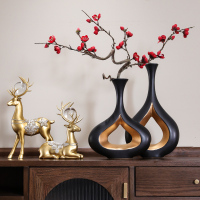 现代简约家居摆件中式轻奢陶瓷花瓶客厅酒柜电视柜工艺术软装饰品 [四件套]玲珑瓶一对红腊梅+金色爱情麋鹿