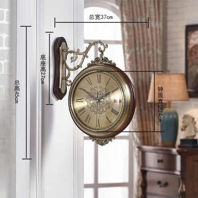 欧式 金属双面挂钟纳丽雅 美式客厅两面挂表创意时钟家用钟表大号 K-004-2木色 20英寸以上