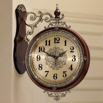 钟表挂钟客厅美式双面挂钟纳丽雅创意欧式金属 艺术装饰钟表时尚 09中号木色铜盘-丽声机芯 20英寸以上