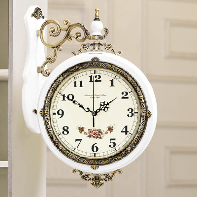 钟表挂钟客厅美式双面挂钟纳丽雅创意欧式金属 艺术装饰钟表时尚 09中号白色花盘-丽声机芯 20英寸以上
