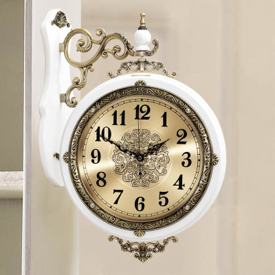 钟表挂钟客厅美式双面挂钟纳丽雅创意欧式金属 艺术装饰钟表时尚 09中号白色铜盘-丽声机芯 20英寸以上