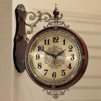 钟表挂钟客厅美式双面挂钟纳丽雅创意欧式金属 艺术装饰钟表时尚 09大号木色铜盘-霸王机芯 20英寸以上
