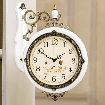 钟表挂钟客厅美式双面挂钟纳丽雅创意欧式金属 艺术装饰钟表时尚 09大号白色蝴蝶盘-丽声机芯 20英寸以上