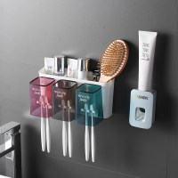 牙刷牙杯置物架自动挤牙膏器纳丽雅浴室卫生间壁挂式免打孔懒人挤压套装 三口杯架+挤牙膏器