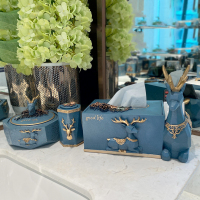 北欧创意INS多功能家用纸巾盒客厅纳丽雅餐巾纸抽盒遥控器收纳简约轻奢 蓝色松果鹿纸盒+烟缸+按压