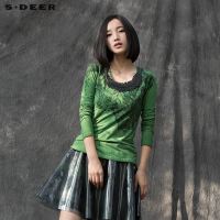 sdeer圣迪奥女装2018冬装圆领绿色韩版修身印花长袖T恤S15480206