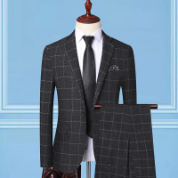 蓝缕金(LANLVJIN)男士西服 四季 新款 格子两件套中 青年修身一粒单排扣新郎结婚礼服两件套商务休闲帅气西装一套