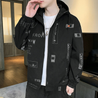 蓝缕金(LANLVJIN)男士夹克春秋季2021新品青年开衫连帽潮字母印花收口袖外套韩版休闲学生男装