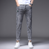 蓝缕金(LANLVJIN)男士牛仔裤秋季2021新品棉弹力贴布绣水洗裤青年修身小直脚裤韩版休闲破洞男裤子
