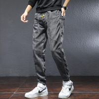 蓝缕金(LANLVJIN)男士牛仔裤秋季2021新品松紧系带束脚裤青年棉馄饨弹力长裤韩版休闲学生中哈伦裤