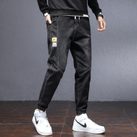 蓝缕金(LANLVJIN)男士牛仔裤秋季2021新品中哈伦裤青年松紧系带束脚宽松水洗九分裤韩版休闲学生印花男裤子