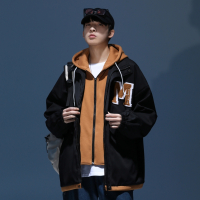 蓝缕金(LANLVJIN)男士夹克春季2022新品假两件拼接卫衣连帽外套青少年宽松字母刺绣上衣大码休闲潮牌男装