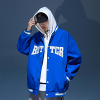 蓝缕金(LANLVJIN)男士夹克春季2022新品假两件拼接卫衣夹克衫外套青少年宽松刺绣上衣大码休闲男装