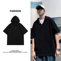 蓝缕金(LANLVJIN)男士T恤夏季2022新款宽松翻领连帽半截袖潮流体恤青少年棉涤袋鼠兜中袖上衣大码休闲学生男装