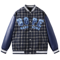 蓝缕金(LANLVJIN)夹克男秋季2022新品拼接皮衣短款外套青年单排扣印花夹克衫韩版休闲棒球服