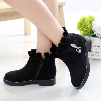 2019秋冬新款女童靴子花边公主短靴宝宝中大童儿童韩版加绒马丁靴保暖时尚百搭小女孩绒面加