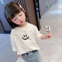 女童白色t恤儿童长袖笑脸T恤衫春装2022春秋新款女宝宝上衣打底衫