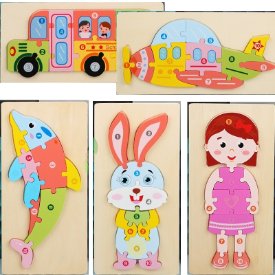 智扣1-2-3-4岁婴幼儿童木质大块卡扣拼装拼图宝宝早教益智男女孩玩具_校车兔子海豚飞机女孩