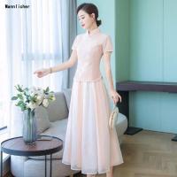 夏款旗袍连衣裙两件套2019新日常刺绣改良复古上衣棉麻雪纺女装潮预售定制款韩版潮牌