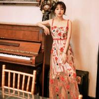 新款2019长款吊带连衣裙夏仙复古仙的背心长裙夏款呆带带翠花群预售定制款韩版潮牌