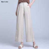 白色棉麻阔腿裤女夏季2019新款高腰垂坠感薄款亚麻料九分直筒裤子预售定制款韩版潮牌