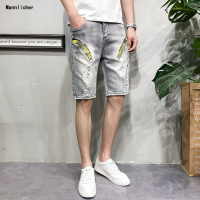 夏季男复古刮烂小刺绣破洞牛五分裤社会青年小伙休闲短裤裤子夏装预售定制款韩版潮牌