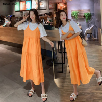 2019夏装新款韩版宽松短袖T恤上衣+中长款时尚吊带连衣裙女两件套预售定制款韩版潮牌