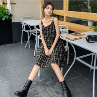 夏装新款韩版宽松显瘦T恤中长款披肩外套女格子吊带连衣裙两件套预售定制款韩版潮牌