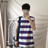 风韩版条纹运动女士无袖背心夏季潮流坎肩学生汗衫宽松休闲夏装韩预售定制款韩版潮牌