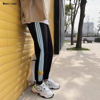 红裤子男抖音九分束脚运动裤潮宽松坠感阔腿裤直筒三条杠嘻哈男预售定制款韩版潮牌