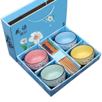 家用吃饭碗筷套装餐具礼品碗礼盒装陶瓷碗碟套装-蓝色四碗四筷四勺 绿色两碗两味碟两筷