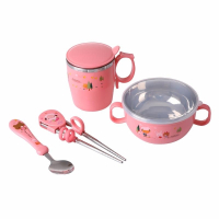 儿童不锈钢宝宝碗餐具套装婴儿辅食碗小孩吃饭碗杯勺筷子-粉色碗杯勺筷