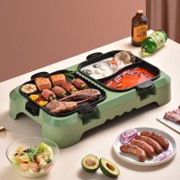 韩式分离涮烤火锅烧烤一体锅纳丽雅(Naliya)家用烧烤炉烤肉盘电烤盘烤肉锅 分离式烤涮双锅-牛油果绿-[适合4-6人]