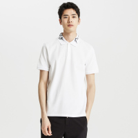 MECITY男装领子撞色字母绣花纯色修身POLO男士白色潮流短袖男