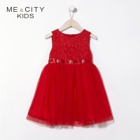 米喜迪mecity童装春新款女童蕾丝腰部红色连衣裙宴会礼服裙