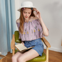 美特斯邦威短袖衬衫女夏季新款印花两穿荷叶边袖衬T衫