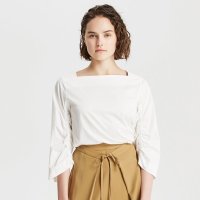 [99元3件]纯棉MECITY女装简约净色一字口抽褶衬衫