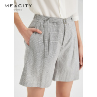 [1件5折价:60]MECITY女装时尚腰带装饰纯色格纹短裤