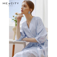 纯棉MECITY女装简约小清新亲肤轻熟风袖搭襟系带中长款连衣裙