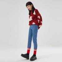 美特斯邦威高弹紧身磨毛牛仔裤女冬季新款潮流丘比喵小脚裤女