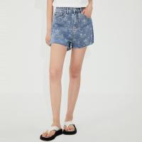 [2件2折价:61]纯棉MECITY女装夏季新款时尚个性印花热裤高腰毛边牛仔短裤女