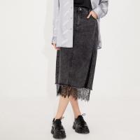 [2件2折价:73]MECITY女装夏季新款街头时尚高腰包臀开叉蕾丝边牛仔半身裙女