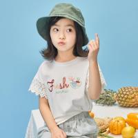 [2件2折价:19]米喜迪mecity童装夏女童植物染袖口蕾丝边针织短袖T恤女