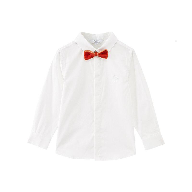 米喜迪mecity童装春装新款男童白色领结装饰帅气演出长袖衬衫
