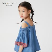 [99元3件]米喜迪mecity童装夏装新款女童时髦套装刺绣牛仔套装
