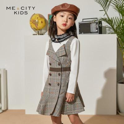 米喜迪mecity童装春装新款女童侦探复古风条纹开襟洋气连衣裙